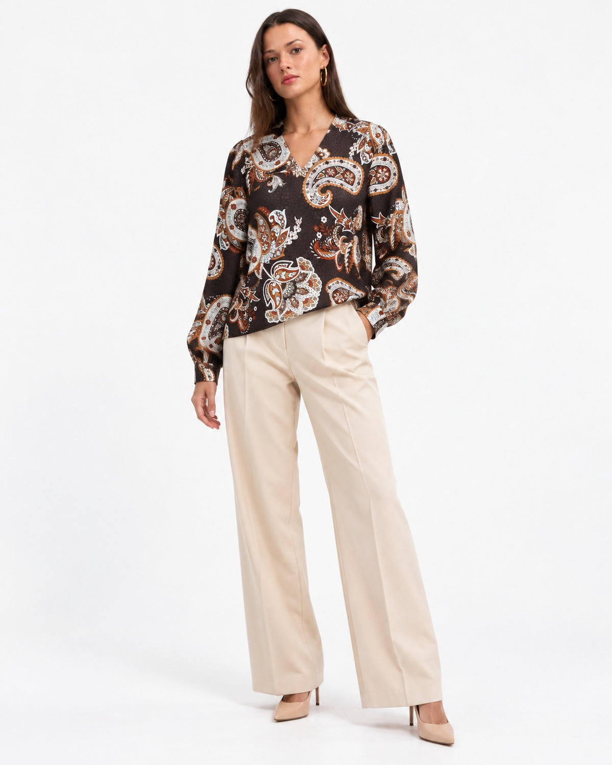 Blusa Paisley Escote Cruzado Café – frente