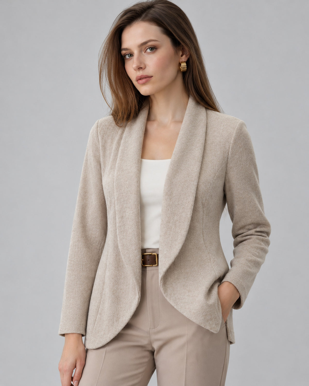 Cárdigan Solapa Chal Beige – frente