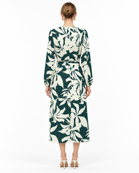 Vestido Midi Estampado Hojas Verde – de espalda