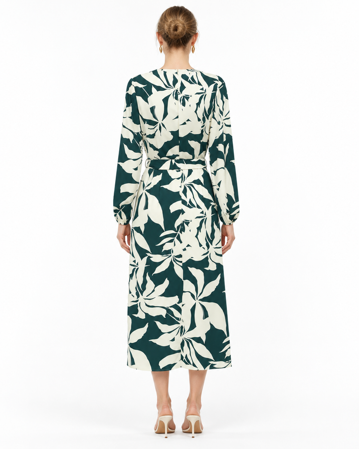 Vestido Midi Estampado Hojas Verde – de espalda