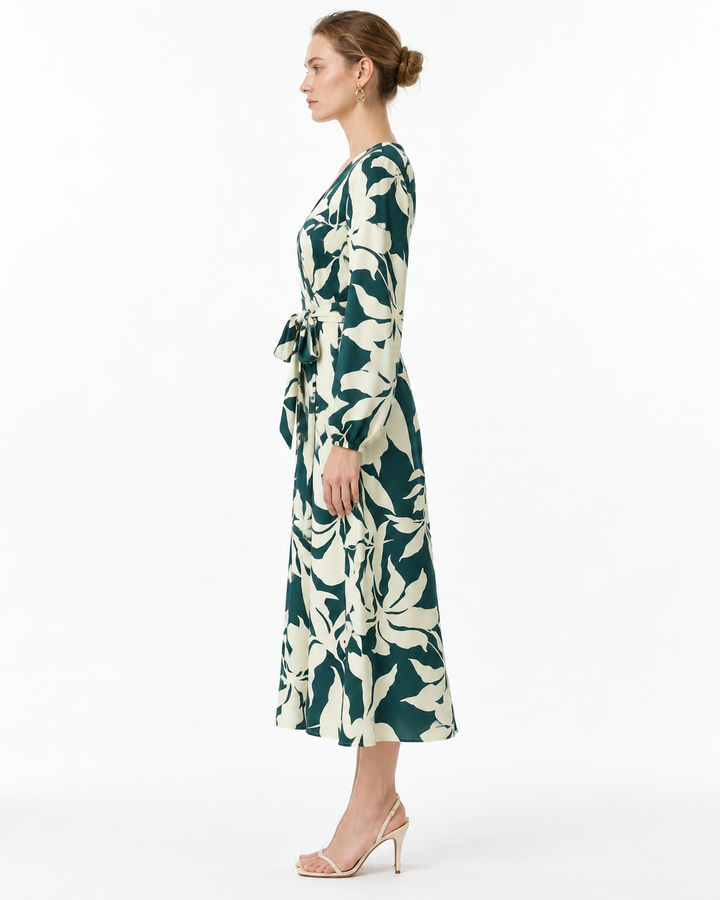 Vestido Midi Estampado Hojas Verde – de lado