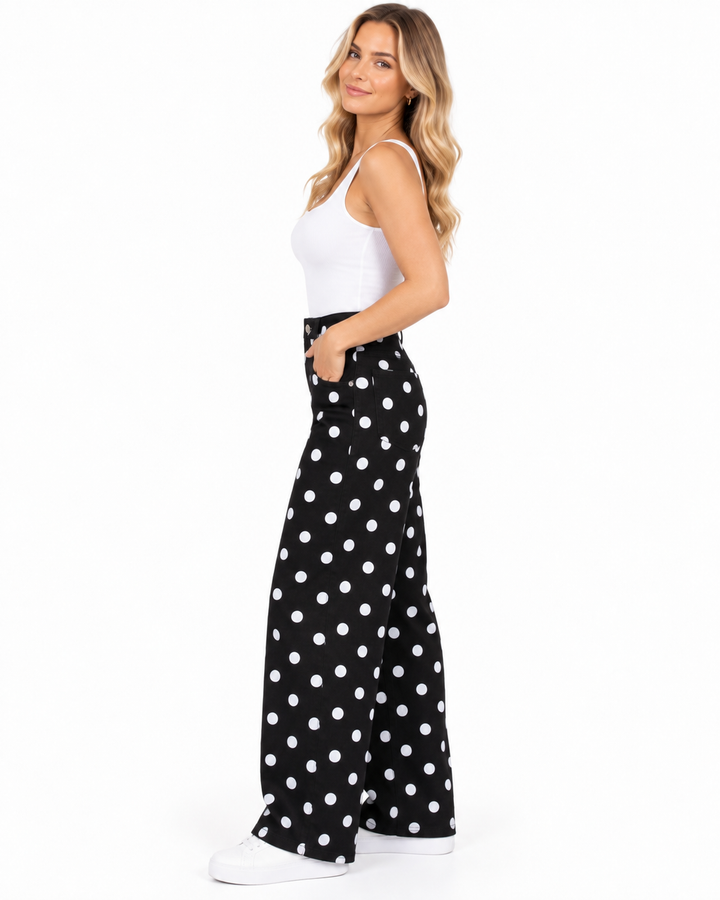 Pantalón Lunares Pierna Ancha Negro – vista lateral