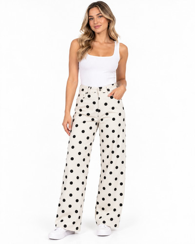 Pantalón Lunares Pierna Ancha Beige – frente