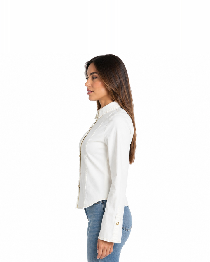 Camisa de Mezclilla Acampanada Blanco – de lado