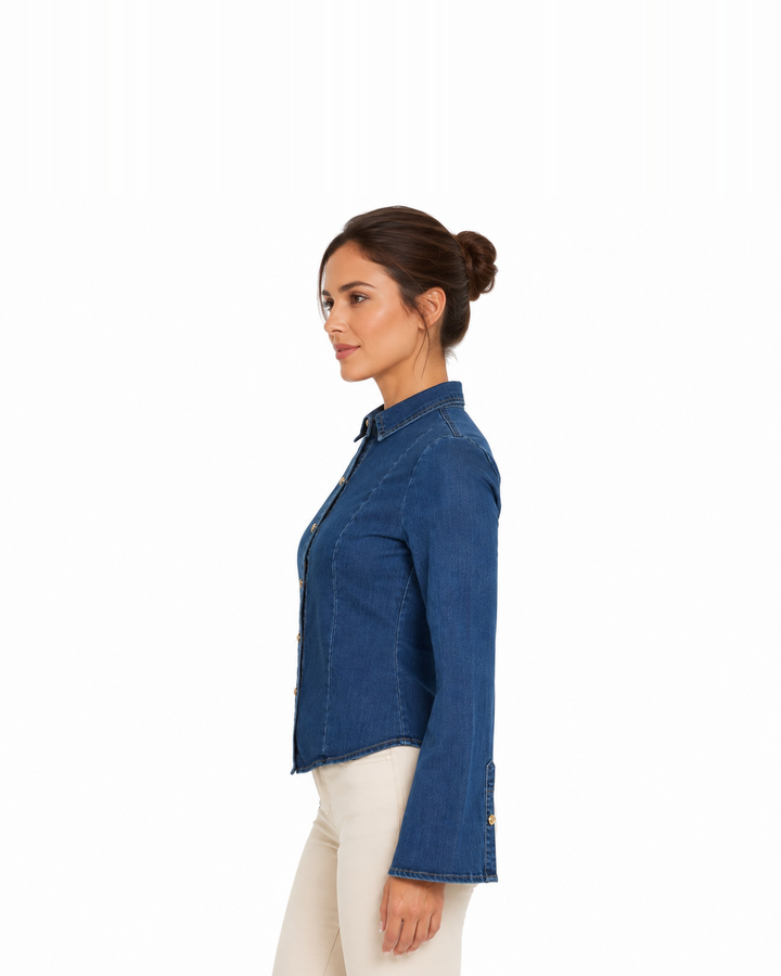Camisa de Mezclilla Acampanada Azul – de lado