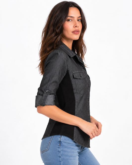 Camisa Mezclilla Paneles Laterales Negro – lateral