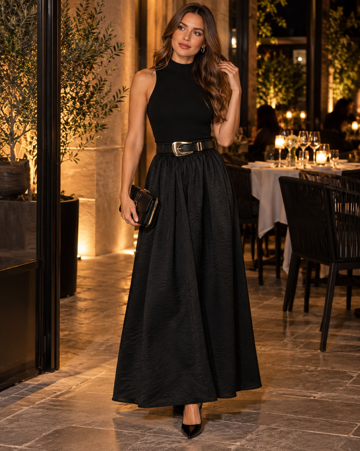 Falda Larga Cinturón Hebilla Negro – look completo ambientado