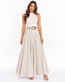Falda Larga Cinturón Hebilla Beige – frente