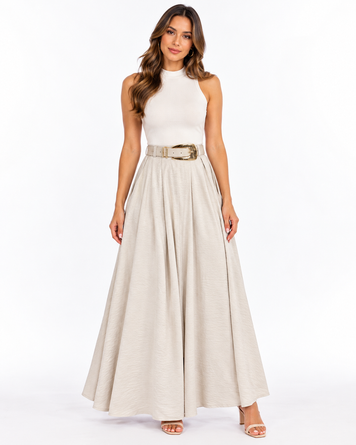 Falda Larga Cinturón Hebilla Beige – frente