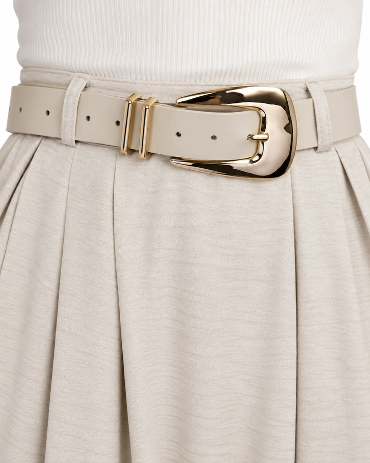 Falda Larga Cinturón Hebilla Beige – detalle del cinturón y la pretina