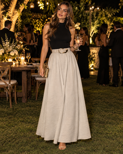 Falda Larga Cinturón Hebilla Beige – look completo de noche