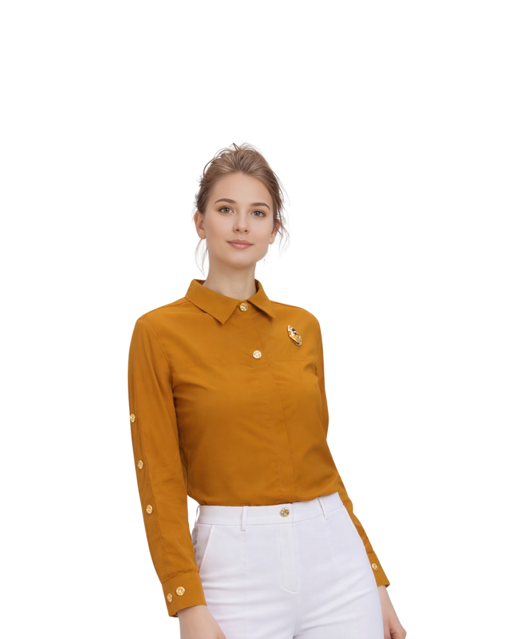 Blusa Elegante Botones Joya Café – de tres cuartos