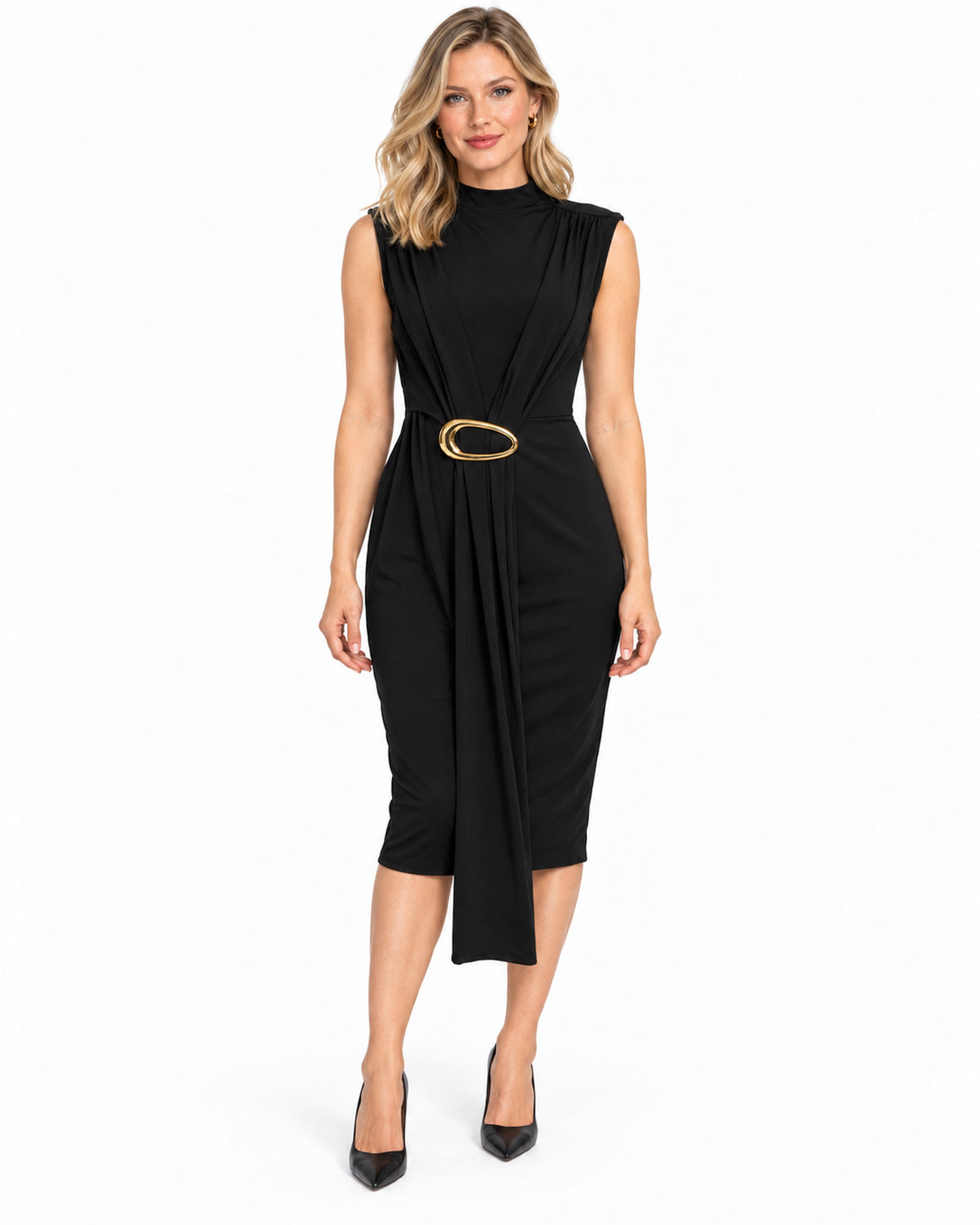 Vestido Midi Hebilla Dorada Negro – frente