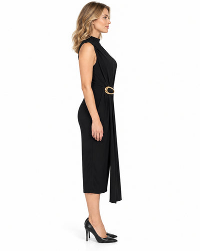 Vestido Midi Hebilla Dorada Negro – lateral