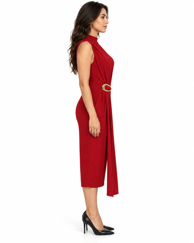 Vestido Midi Hebilla Dorada Rojo – lateral