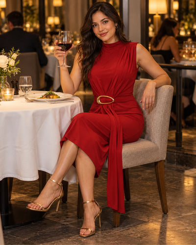 Vestido Midi Hebilla Dorada Rojo – ambientada