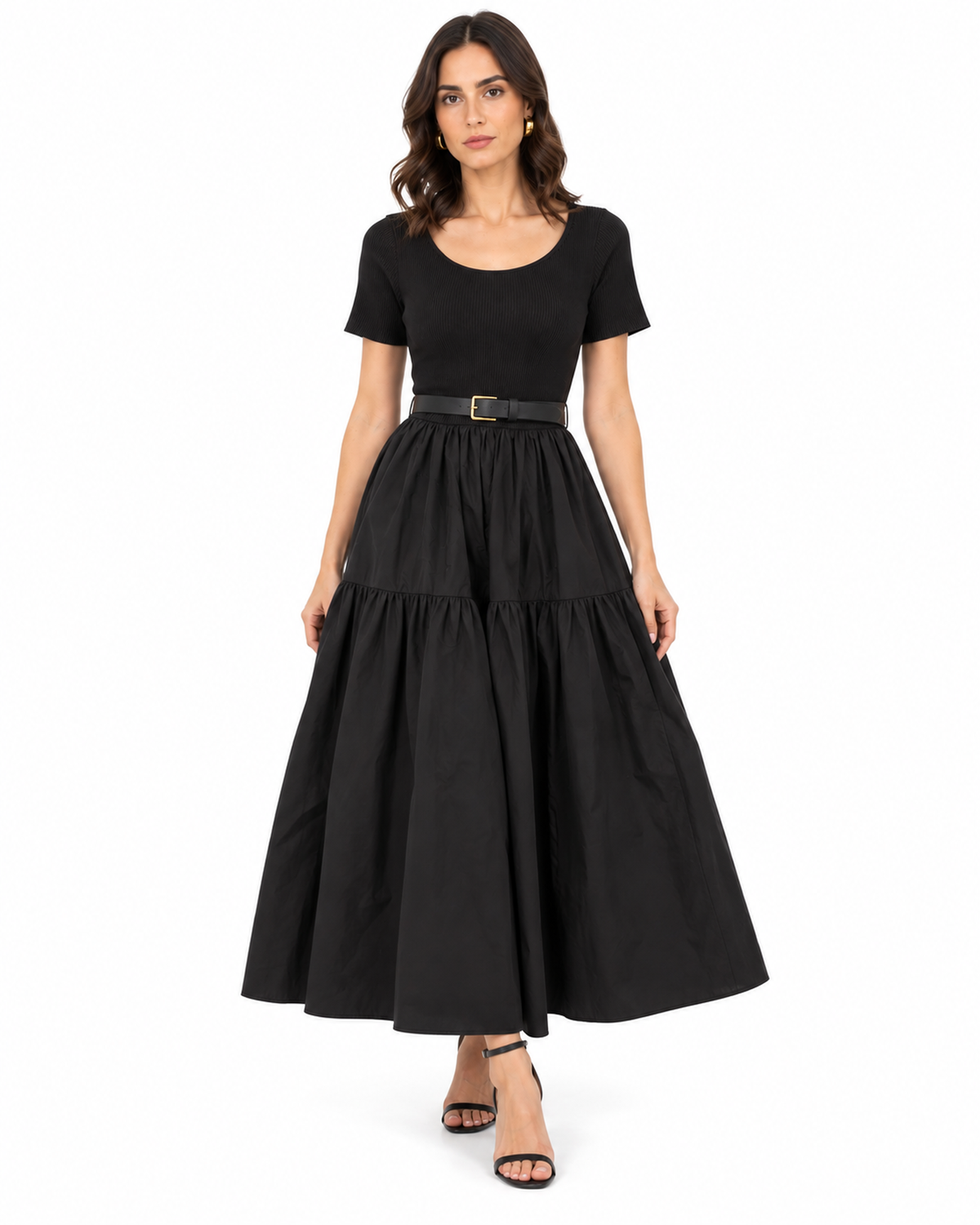 Vestido Largo Vuelo Cinturón Negro – frente