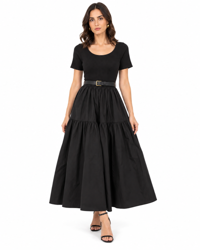 Vestido Largo Vuelo Cinturón Negro – frente