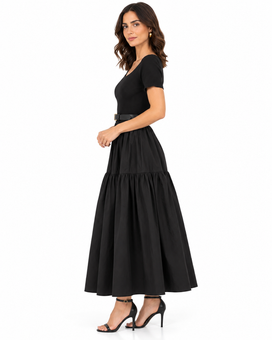 Vestido Largo Vuelo Cinturón Negro – lateral