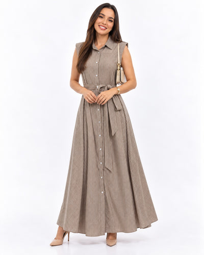 Vestido Largo Camisero Rayas Beige – frente