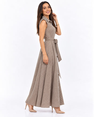 Vestido Largo Camisero Rayas Beige – cuerpo completo
