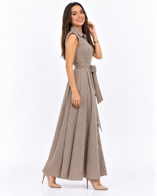 Vestido Largo Camisero Rayas Beige – cuerpo completo