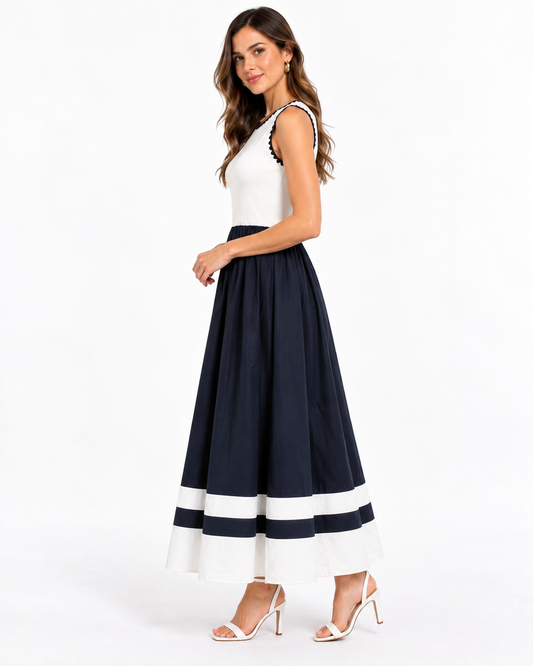Vestido Midi Bicolor Franjas Blanco – vista lateral
