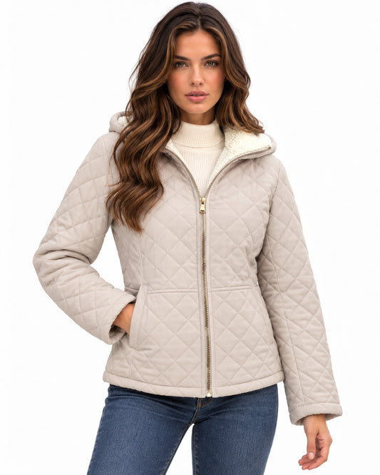 Chamarra Acolchada con Capucha Beige – frente