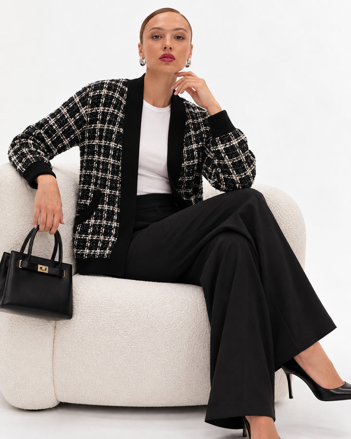 Abrigo Tweed Cuadros Negro – frente