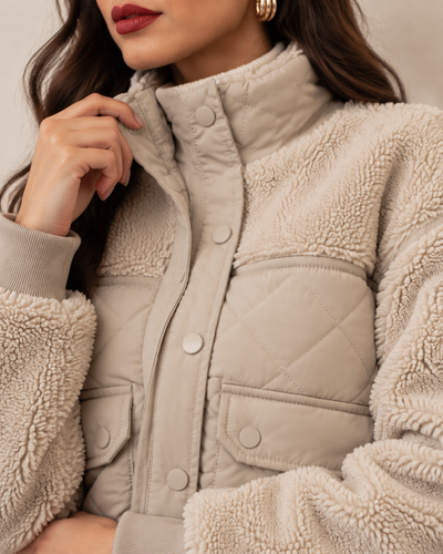Chamarra Borrega Acolchada Beige – detalle de la prenda