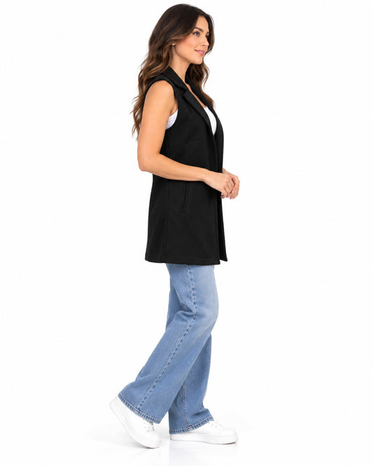 Chaleco Largo Solapa Negro – lateral