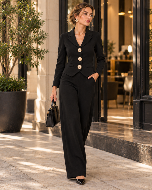 Conjunto Saco Botón Joya Negro – look completo en exterior