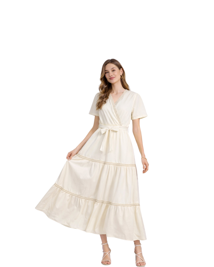 Vestido Cruzado Cintura Ajustable Beige – de frente