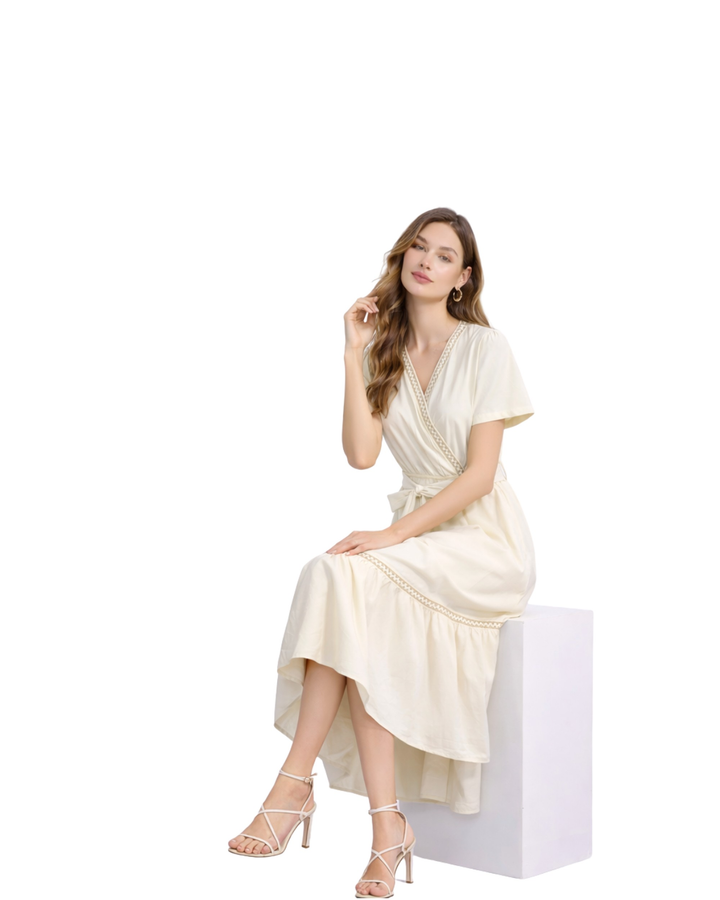 Vestido Cruzado Cintura Ajustable Beige – de cuerpo completo