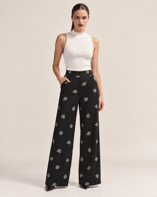 Pantalón Palazzo Estampado Negro – de frente