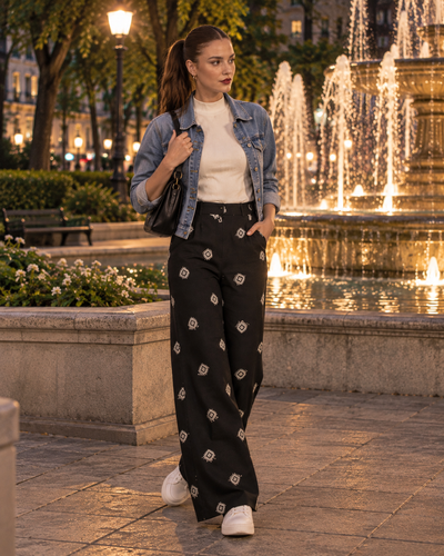 Pantalón Palazzo Estampado Negro – ambientada