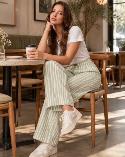 Pantalón Rayas Pierna Ancha Verde – ambientada