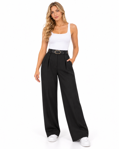 Pantalón Palazzo Pinzas Cinturón Negro – frente