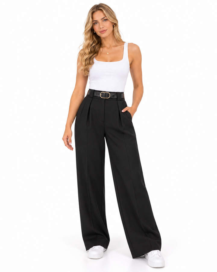 Pantalón Palazzo Pinzas Cinturón Negro – frente