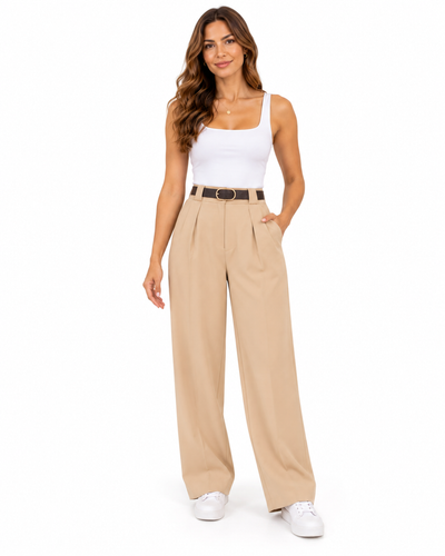 Pantalón Palazzo Pinzas Cinturón Beige – frente