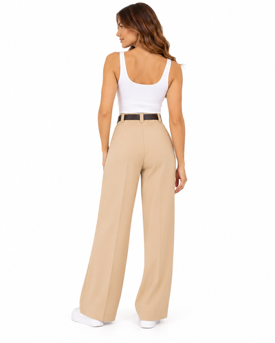Pantalón Palazzo Pinzas Cinturón Beige – espalda