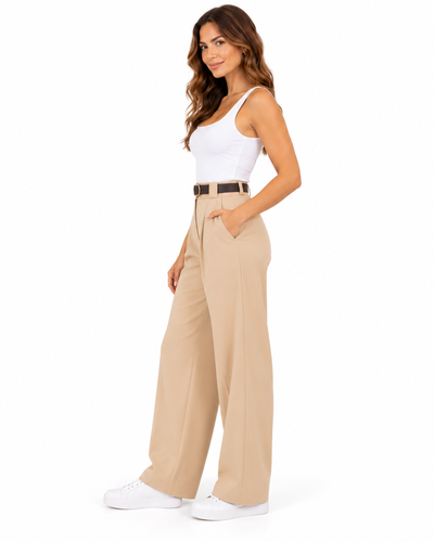 Pantalón Palazzo Pinzas Cinturón Beige – lateral