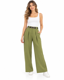 Pantalón Palazzo Pinzas Cinturón Olivo – frente