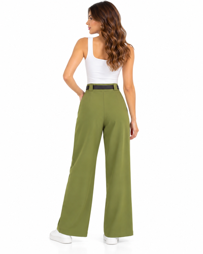 Pantalón Palazzo Pinzas Cinturón Olivo – espalda
