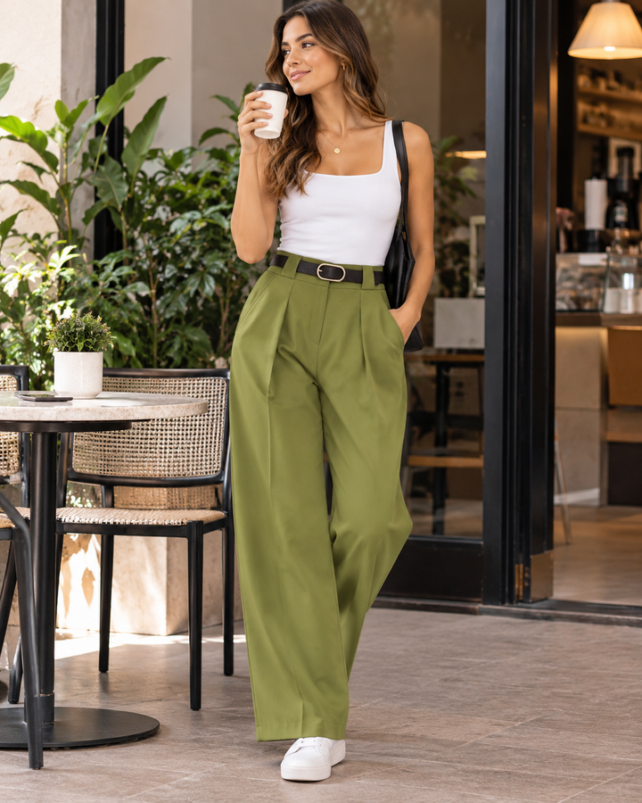 Pantalón Palazzo Pinzas Cinturón Olivo – look de café