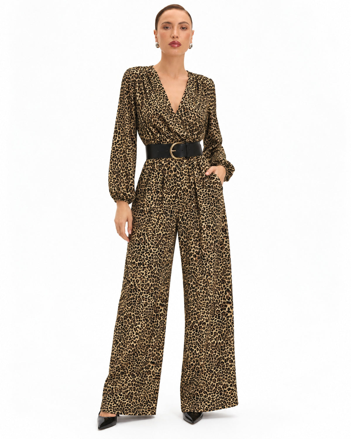 Jumpsuit Animal Print Cinturón Café – frente