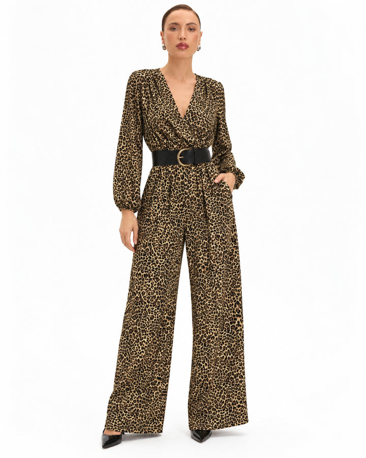 Jumpsuit Animal Print Cinturón Café – frente