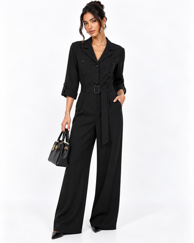 Jumpsuit Safari Cinturón Negro – de frente