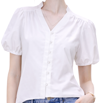 Blusa V Botones Perla Hueso – detalle de los botones