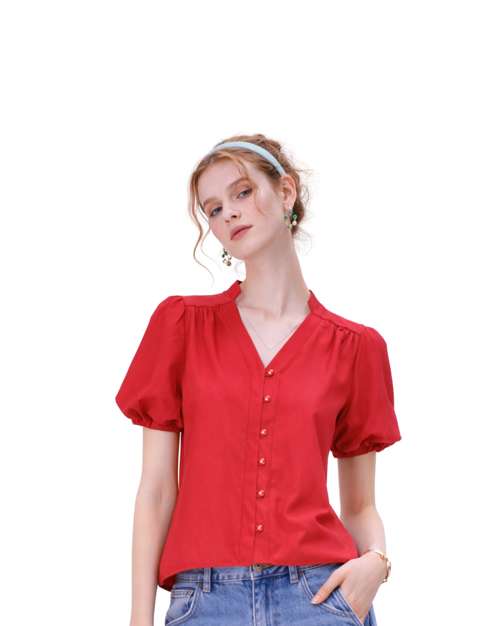 Blusa V Botones Perla Rojo – de frente